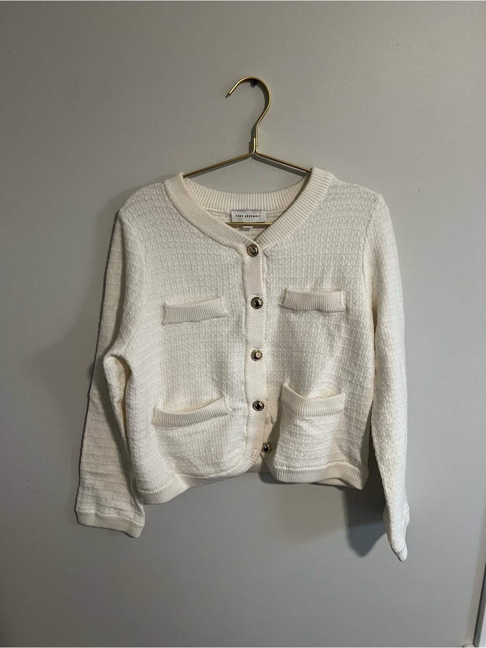 Free Assembly Textured Ivory Button-Front Cardigan with Front Pockets